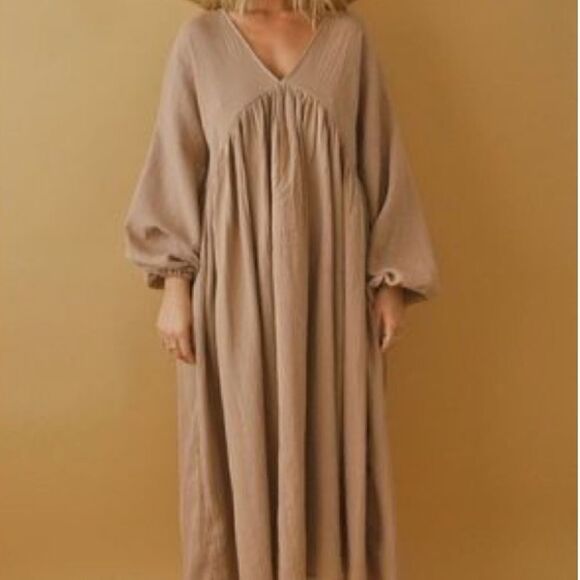 Boheme Goods French Maxi Tan Cream Dress Garmentory Oversized Size 2 - Picture 3 of 10